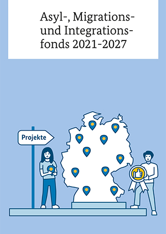 Die Zeichnung zeigt eine Deutschlandkarte mit mehreren Standortmarkierungen (Pins). Links neben der Karte steht eine Frau, die einen Pin in beiden Händen hält. Links neben der Frau steht ein Schild mit der Aufschrift "Projekte"  (Quelle: BAMF) Die Zeichnung zeigt eine Deutschlandkarte mit mehreren Standortmarkierungen (Pins). Links neben der Karte steht eine Frau, die einen Pin in beiden Händen hält. Links neben der Frau steht ein Schild mit der Aufschrift "Projekte"