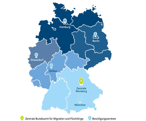 Die Abbildung zeigt die dezentrale Struktur der AMIF-Verwaltungsbehörde in der Förderperiode 2021-2027: die Zentrale des BAMF in Nürnberg sowie die Bewilligungszentren in Berlin, Düsseldorf, Gießen, Hamburg und München.