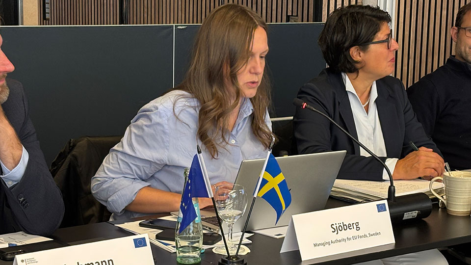 Eine Frau spricht in ein Mikrofon. Vor ihr stehen die schwedische und die EU– Flagge auf Tischaufstellern. Neben ihr sitzt eine weitere Frau. (Quelle: Bundesamt für Migration und Flüchtlinge) Eine Frau spricht in ein Mikrofon. Vor ihr stehen die schwedische und die EU– Flagge auf Tischaufstellern. Neben ihr sitzt eine weitere Frau.