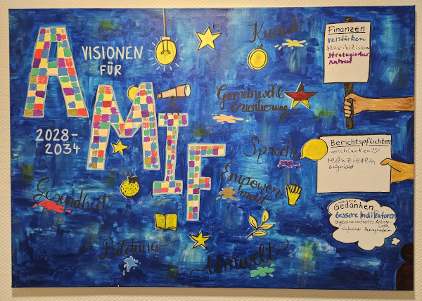 Bemalte Leinwand mit in Farbkästchen ausgemaltem Schriftzug AMIF. (Quelle: Bundesamt für Migration und Flüchtlinge) Bemalte Leinwand mit in Farbkästchen ausgemaltem Schriftzug AMIF.