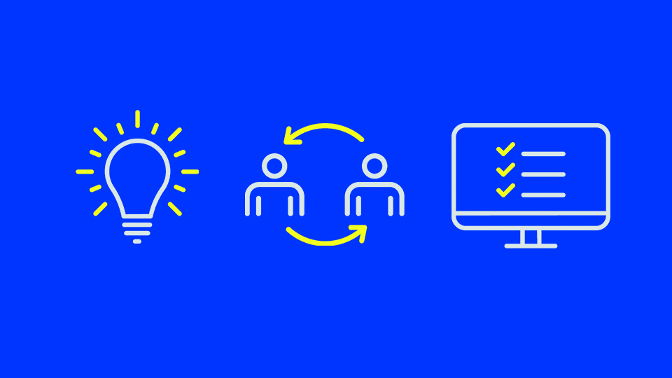 Vor einem blauen Hintergrund sind von links nach rechts in grauen und gelben Farben als Grafiken abgebildet: eine Glühbirne, zwei Personen, wobei von jeweils einer Person ein Pfeil zur anderen geht, und ein Computerbildschirm mit einer Checkliste. (Quelle: BAMF) Vor einem blauen Hintergrund sind von links nach rechts in grauen und gelben Farben als Grafiken abgebildet: eine Glühbirne, zwei Personen, wobei von jeweils einer Person ein Pfeil zur anderen geht, und ein Computerbildschirm mit einer Checkliste.