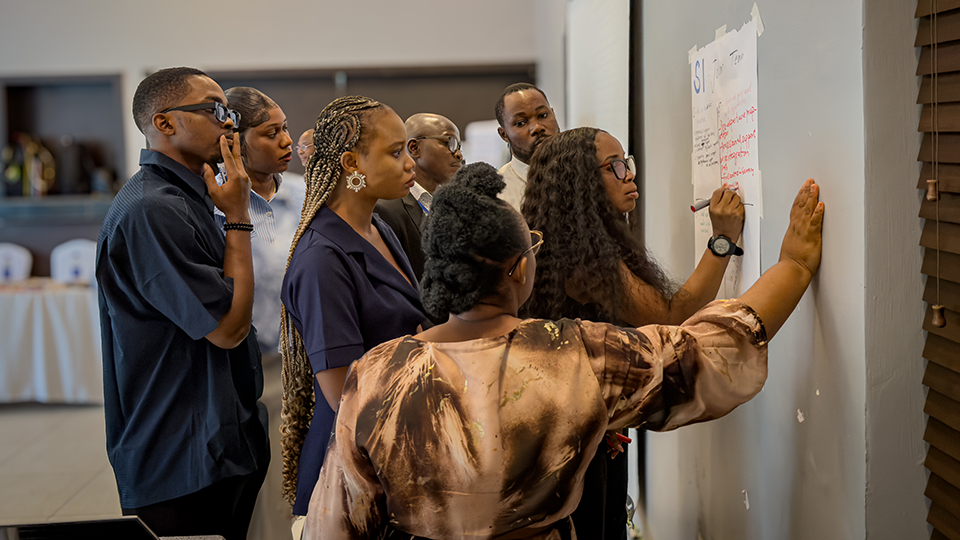 Vier Frauen und drei Männer betrachten gemeinsam ein an der Wand befestigtes Poster, während eine der Frauen Notizen macht. (Quelle: Social Impact) Vier Frauen und drei Männer betrachten gemeinsam ein an der Wand befestigtes Poster, während eine der Frauen Notizen macht.